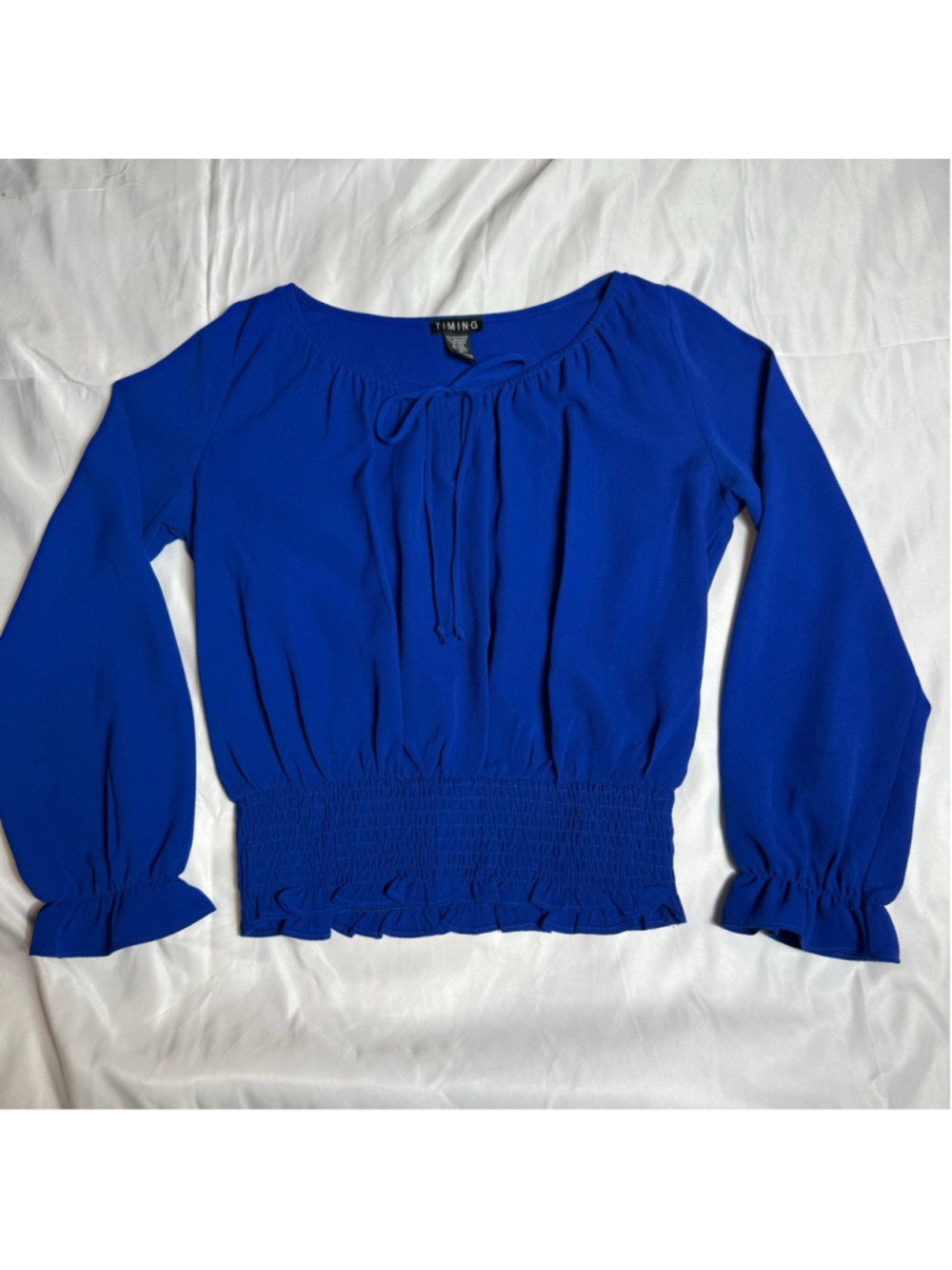 Women's TIMING Blouse Size M Blue Long Sleeve Smocked Waist